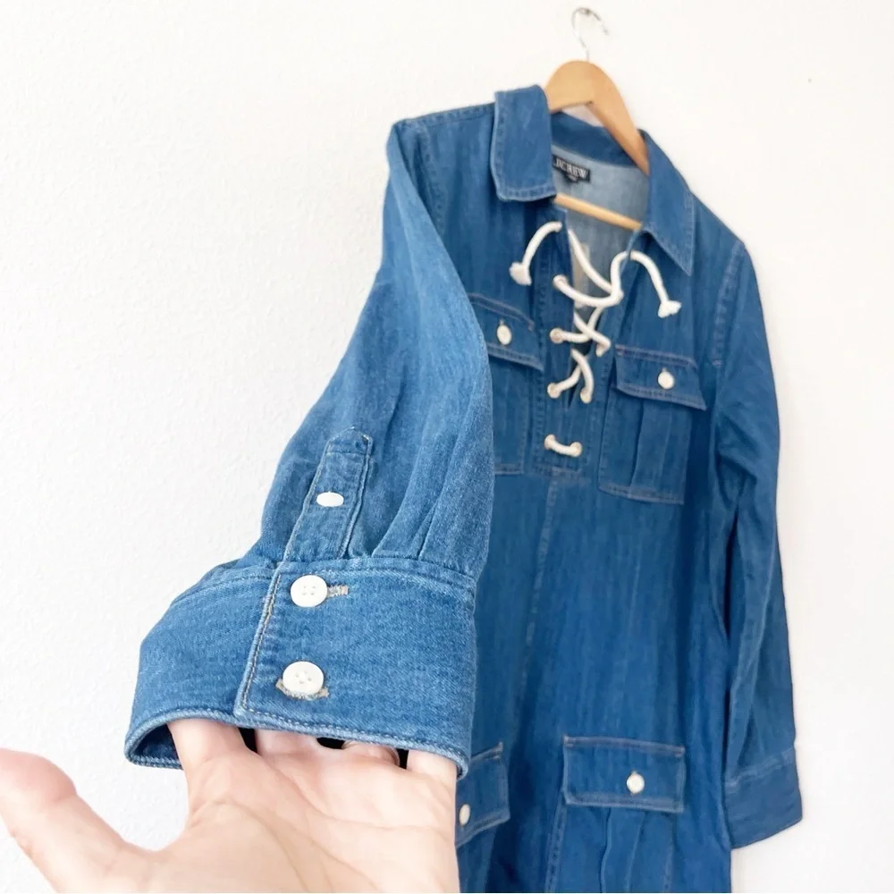 J.Crew Harbor Indigo Denim Lace-Up Front Casual Utility Pockets 90s Mini Dress